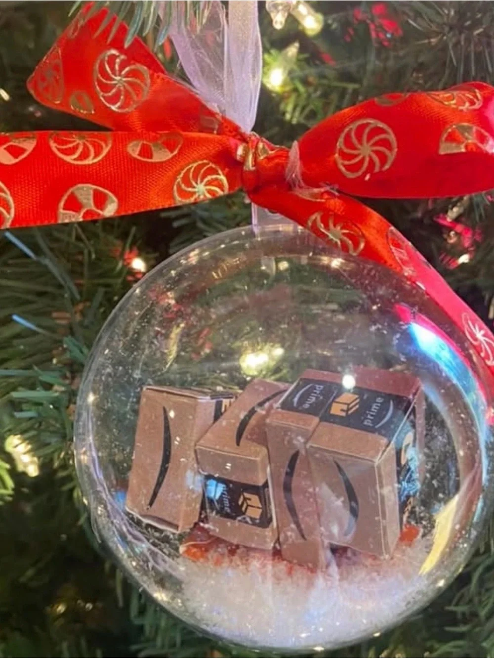 Amazon theme ornament  Red Ribbon Clear Holiday Ornament with Miniature Boxes